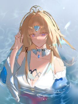 Rule 34 | 1girl, blonde hair, blue eyes, breasts, cleavage, dress, forehead jewel, hashtag-only commentary, highres, honkai: star rail, honkai (series), irzm30, large breasts, long hair, partially submerged, pearl (honkai: star rail), robot girl, solo, very long hair, water, white dress