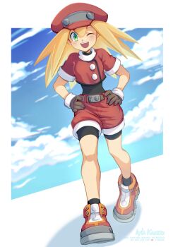 ;d artist_name ayla_kazemi black_bodysuit black_socks blonde_hair blush bodysuit bodysuit_under_clothes brown_gloves cloud commentary english_commentary full_body gloves green_eyes hair_between_eyes hands_on_own_hips happy hat highres looking_at_viewer mega_man_(series) mega_man_legends_(series) one_eye_closed open_mouth red_hat red_shirt red_shoes red_shorts roll_caskett_(mega_man) shirt shoes short_sleeves shorts smile socks teeth upper_teeth_only