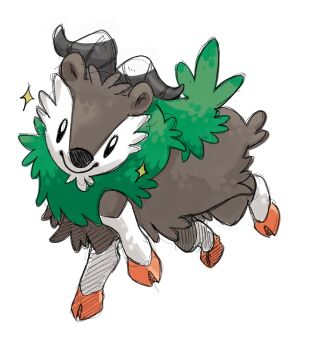 black_eyes closed_mouth commentary english_commentary full_body gen_6_pokemon goat hatching_(texture) highres hooves horns looking_at_viewer nintendo no_humans pokemon pokemon_(creature) pokemon_focus pr_quote simple_background skiddo smile solo sparkle white_background
