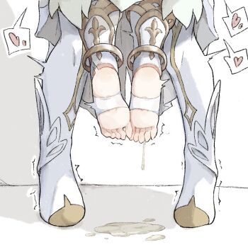 2girls az84997592 barefoot commentary cum cum_pool genshin_impact hanging_legs heart implied_futanari lumine_(genshin_impact) multiple_girls nahida_(genshin_impact) soles speech_bubble spoken_heart stirrup_footwear symbol-only_commentary toeless_legwear toes trembling yuri