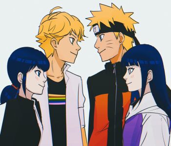 2boys 2girls adrien_agreste blonde_hair blue_eyes blue_hair crossover facial_mark forehead_protector height_difference highres hyuuga_hinata jacket long_hair marinette_dupain-cheng miraculous_ladybug multiple_boys multiple_girls naruto_(series) naruto_shippuuden notane_n orange_jacket ponytail purple_eyes smile uzumaki_naruto whisker_markings yellow_eyes
