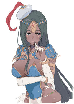 1girl arm_wrap armlet armor bandaged_arm bandages black_hair blue_armor blush bracelet breastplate breasts bridal_gauntlets circlet cleavage covered_navel dark-skinned_female dark_skin facial_mark fate/grand_order fate_(series) forehead_jewel green_eyes hat highres jewelry kaigan0211 large_breasts long_hair parted_bangs parted_lips pauldrons pelvic_curtain ring scheherazade_(fate) shoulder_armor solo