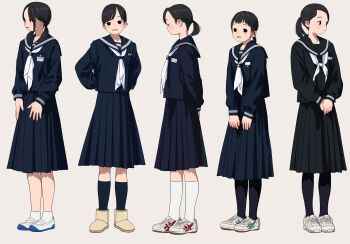 5girls absurdres black_eyes black_hair black_pantyhose commentary_request highres kumanoi_(nichols) long_skirt medium_hair multiple_girls neckerchief pantyhose ponytail school_uniform serafuku shoes short_hair skirt sneakers socks standing uwabaki white_neckerchief