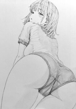 1girl absurdres ass ass_focus blush breasts buruma come_hither commentary_request cowboy_shot crotch_seam from_behind from_below graphite_(medium) greyscale gym_shirt gym_uniform half-closed_eyes highres lensia looking_at_viewer looking_back looking_down medium_breasts monochrome original parted_lips shirt short_sleeves solo standing traditional_media