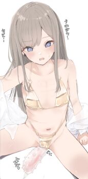 1girl bare_shoulders bikini blue_eyes brown_bikini brown_hair collarbone commentary_request groin highres loli long_hair looking_at_viewer navel off_shoulder open_clothes open_mouth open_shirt original ripu_(lipi) shirt simple_background sitting solo swimsuit translation_request very_long_hair wavy_mouth white_background white_shirt