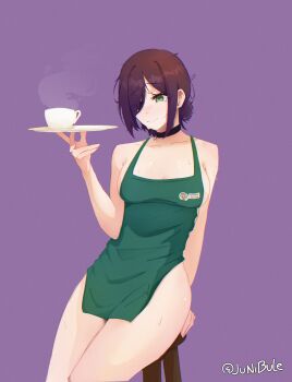 1girl absurdres apron artist_name black_choker breasts chainsaw_man choker cup green_apron green_eyes highres holding holding_plate jun_2323 medium_breasts naked_apron on_stool plate purple_background purple_hair reze_(chainsaw_man) sitting solo steaming_cup teacup