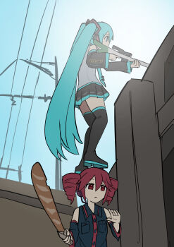 2girls aiming aqua_eyes aqua_hair aqua_trim baguette bare_shoulders black_boots black_shirt black_skirt boots bread counter-strike_(series) counter-strike_2 day detached_sleeves drill_hair food food-themed_weapon from_below from_side grey_shirt hair_between_eyes hatsune_miku highres holding holding_food holding_weapon kasane_teto kasane_teto_(utau) long_hair looking_afar multiple_girls olofboost outdoors parody pleated_skirt red_eyes red_hair red_trim scene_reference shirt skirt sleeveless sleeveless_shirt spring_onion standing_on_another&#039;s_head tenten_(chan4545) thigh_boots twin_drills twintails utau very_long_hair vocaloid weapon