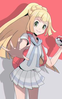 1girl backpack bag blonde_hair blunt_bangs braid breasts closed_mouth green_eyes highres holding holding_poke_ball lillie_(pokemon) long_hair looking_at_viewer nintendo outstretched_arm poke_ball poke_ball_(basic) pokemon pokemon_sm ponytail ponytail_with_braided_base shirt short_sleeves simple_background skirt smile solo topple33 white_shirt white_skirt