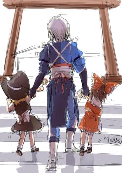 1boy 2girls aged_down aihara-rina apron back_bow black_hat black_skirt black_vest blonde_hair boots bow brown_hair child chinese_commentary commentary_request detached_sleeves facing_away frilled_bow frilled_hair_tubes frills from_behind full_body grey_hair hair_bow hair_tubes hakurei_reimu hat hat_bow kirisame_marisa long_hair morichika_rinnosuke multiple_girls red_bow red_skirt ribbon-trimmed_sleeves ribbon_trim skirt skirt_set socks stairs torii touhou vest waist_apron white_boots white_bow white_socks witch_hat