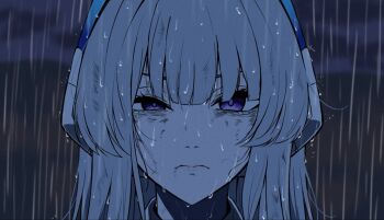 1girl blue_archive breasts close-up eye_twitch halo long_hair looking_at_viewer mechanical_halo noa_(blue_archive) purple_eyes rain reia_76 wet