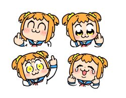 Rule 34 | 1girl, :3, angry, bkub, blonde hair, blue sailor collar, blush, blush stickers, chibi, chibi only, chiikawa four expressions (meme), closed eyes, closed mouth, crying, hair ornament, hair scrunchie, meme, middle finger, multiple views, neckerchief, open mouth, poptepipic, popuko, red neckerchief, sailor collar, school uniform, scrunchie, serafuku, shirt, short hair, two side up, white shirt, yellow eyes, yellow scrunchie