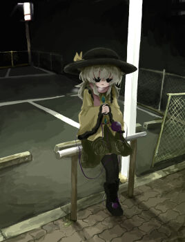 1girl black_hat black_shoes black_thighhighs buttons commentary_request contrast_collar diamond_button full_body green_hair hair_between_eyes hat hat_ribbon heripantomorrow highres komeiji_koishi long_sleeves night outdoors pink_scarf ribbon scarf shirt shoes solo standing thighhighs third_eye touhou wide_sleeves yellow_ribbon yellow_shirt