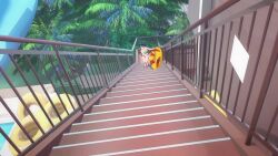 1girl animated anime_screenshot bikini black_bikini black_hair blue_eyes blue_ribbon bouncing_breasts breasts cleavage green_bikini hair_ribbon highres kanojo_okarishimasu large_breasts lifebuoy navel ribbon sarashina_ruka short_hair side-tie_bikini_bottom sound stairs stomach strapless strapless_bikini swim_ring swimsuit tagme thighs video walking wet