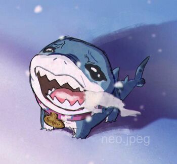 artist_name chopper_crying_(meme) collar commentary crying derivative_work english_commentary fangs fins fish_tail highres jeff_(marvel) marvel marvel_rivals meme name_tag neo_jpeg open_mouth shark shark_fin shark_tail snow tail