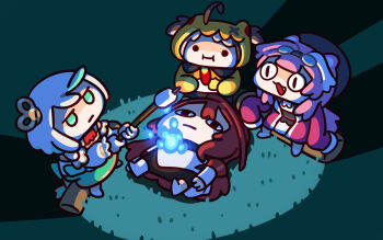 4girls animal_ears camping cecilia_immergreen cecilia_immergreen_(1st_costume) chibi chibi_only commentary elizabeth_rose_bloodflame elizabeth_rose_bloodflame_(1st_costume) english_commentary food full_body gigi_murin gigi_murin_(1st_costume) highres holding holding_stick holojustice hololive hololive_english keenbiscuit log long_hair lying marshmallow multicolored_hair multiple_girls on_back pink_hair raora_panthera red_eyes red_hair roasted_marshmallow sitting_on_log smile stick virtual_youtuber