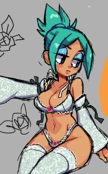 1girl alternate_costume bra breasts bridal_gauntlets cerebella_(skullgirls) cleavage dark-skinned_female dark_skin eyeliner eyeshadow green_hair grey_background large_breasts lingerie looking_to_the_side makeup mercysstrap navel panties selfie sitting sketch skullgirls solo thighhighs underwear