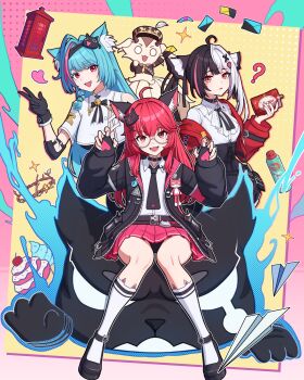 3girls ? absurdres ahoge animal_ear_fluff animal_ears aqua_hair black_bodysuit black_gloves black_hair black_jacket black_necktie black_skirt bodysuit cake cat_ears cat_girl commentary_request cropped_shirt drink_carton fingerless_gloves food gloves highres holding holding_drink_carton holding_juice_box jacket juice_box lacrimosa_(nte) long_hair looking_at_viewer mint_(nte) multicolored_hair multiple_girls nanally_(nte) necktie neverness_to_everness phone_booth pink_hair pink_skirt red_eyes red_hair shirt skirt split-color_hair spray_can veniac very_long_hair white_hair white_shirt
