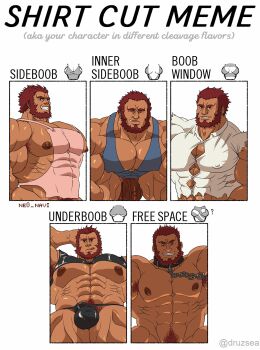 1boy :q abs absurdres armpit_hair bara bare_pectorals beard bottomless chain chain_leash collar covered_abs covered_erect_nipples facial_hair fate/zero fate_(series) highres impossible_clothes iskandar_(fate) large_pectorals leash male_focus male_pubic_hair multiple_drawing_challenge multiple_views muscular muscular_male navel ne0_navi nipples pectoral_cleavage pectorals penis_out_of_frame pubic_hair red_hair shirt_cut_meme short_hair tongue tongue_out