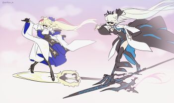 2girls artoria_caster_(fate) artoria_caster_(third_ascension)_(fate) artoria_pendragon_(fate) black_bow black_dress black_gloves black_tiara blonde_hair bow braid dress fate/grand_order fate_(series) full_body gloves hair_between_eyes hair_bow half_up_braid high_heels highres long_hair mitisu_u morgan_le_fay_(fate) morgan_le_fay_(third_ascension)_(fate) multicolored_hair multiple_girls polearm ponytail spear spikes standing sunglasses tiara two-tone_hair very_long_hair weapon