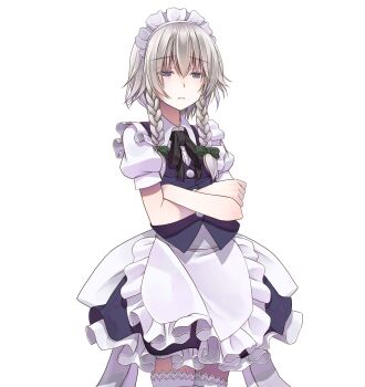 Rule 34 | 1girl, apron, black ribbon, blue eyes, blue skirt, blue vest, bow, braid, buttons, closed mouth, commentary request, cowboy shot, crossed arms, crote, frilled apron, frills, furrowed brow, green bow, grey hair, hair between eyes, hair bow, highres, izayoi sakuya, large variant set, maid, maid apron, maid headdress, neck ribbon, petticoat, puffy short sleeves, puffy sleeves, ribbon, shirt, short hair, short sleeves, skirt, sleeve cuffs, solo, squinting, standing, thighhighs, touhou, transparent background, twin braids, variant set, vest, white apron, white headdress, white shirt, white thighhighs