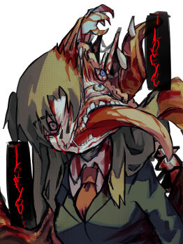1girl absurdres black_jacket blood bloodshot_eyes blue_eyes body_horror breasts brown_hair commentary_request employee_(project_moon) formal_clothes guro highres injury jacket kotori_trinity lobotomy_corporation long_hair medium_breasts necktie nothing_there nugget_(project_moon) project_moon red_necktie shirt solo suit suit_jacket white_background white_shirt wide-eyed