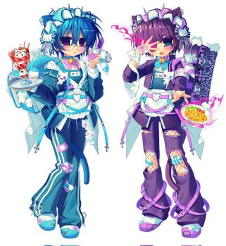 2000s_(style) 2boys :< :3 :d apron armband bandaid bandaid_on_knee bandaid_on_leg bell blue_choker blue_eyes blue_hair blue_pants blush bow cat chibi choker chuunibyou crossdressing crossdressing_(mtf) denim fang faux_retro_artstyle fishnet_pantyhose fishnets fishnets_under_jeans floating food hair_bow hair_over_one_eye highres jeans jersey_maid knees_together_feet_apart levitation looking_at_viewer magic_circle maid male_focus male_maid multiple_boys neck_bell omelet omurice open_mouth original pants pantyhose purple_choker purple_eyes purple_hair raised_inner_eyebrows semi-rimless_eyewear skin_fang smile sweatpants torn_clothes torn_jeans torn_pants unconventional_maid waist_apron watashi_candy