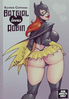 1girl ass barbara_gordon batgirl batman_(series) black_cape black_panties blue_eyes breasts cape cleavage dc_comics devilhs english_text fingerless_gloves gloves highres huge_breasts long_hair looking_at_viewer looking_back microskirt orange_hair panties red_lips skirt solo thong two-sided_cape two-sided_fabric underwear whale_tail_(clothing) yellow_cape yellow_gloves yellow_skirt