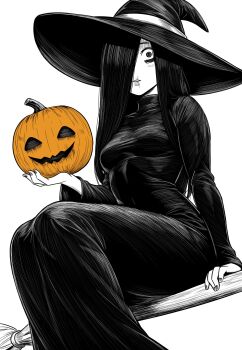 1girl breasts broom broom_riding commentary commission dress english_commentary greyscale hair_over_one_eye halloween halloween_costume hat highres holding holding_pumpkin jack-o&#039;-lantern long_dress long_hair looking_at_viewer lughost medium_breasts monochrome parted_lips pumpkin scar scar_on_face scar_on_mouth second-party_source solo spot_color the_ring very_long_hair wide-eyed witch witch_hat yamamura_sadako