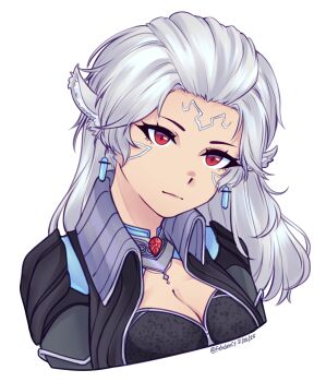 1girl 2025 absurdres animal_ear_fluff artist_name bangs_pinned_back black_coat breasts cleavage coat collarbone commentary cropped_jacket cropped_torso dated detached_collar earrings english_commentary expressionless facial_mark fehden female_focus forehead_mark head_tilt highres jewelry long_hair medium_breasts monolith_soft neilnail_(xenoblade) nintendo red_eyes simple_background solo upper_body white_background white_hair xeno_(series) xenoblade_chronicles_(series) xenoblade_chronicles_x