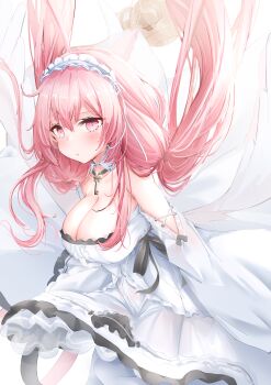 absurdres azur_lane bare_shoulders breasts cleavage collarbone commentary detached_sleeves dress frilled_dress frilled_hairband frills from_side hairband highres jewelry key key_necklace large_breasts long_hair long_sleeves looking_at_viewer maid_headdress necklace perseus_(azur_lane) pink_eyes pink_hair simple_background solo twintails uduki_(nissi) very_long_hair white_background white_dress white_wings wings