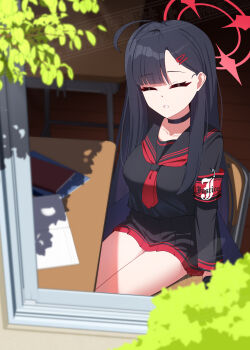 1girl absurdres ahoge black_choker black_gloves black_hair black_sailor_collar black_serafuku black_shirt black_skirt blue_archive choker closed_eyes collarbone commentary gloves halo highres ichika_(blue_archive) long_hair long_sleeves necktie pleated_skirt red_necktie sailor_collar school_uniform serafuku shirt sitting skirt solo tost_(cloi123) watermark