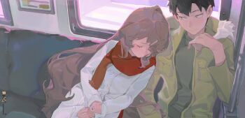 0nel606 1boy 1girl absurdres aisaka_taiga black_hair brown_hair closed_eyes closed_mouth coat commentary elbow_rest fur-trimmed_coat fur_trim green_coat green_shirt hand_grip head_on_another's_shoulder highres leaning_on_person long_hair long_sleeves looking_at_another open_clothes open_coat red_scarf scarf shirt short_hair sitting sleeping sleeping_on_person sleeping_upright takasu_ryuuji toradora! train_interior very_long_hair white_coat window