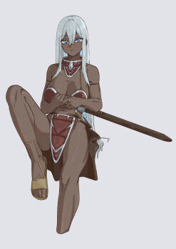 Rule 34 | 1girl, bikini, blue eyes, breasts, commentary, cropped legs, dagger, dark-skinned female, dark skin, hair between eyes, highres, holding, holding sword, holding weapon, knee up, knife, large breasts, long hair, looking at viewer, navel, original, red bikini, sandals, simple background, sitting, siusiuvan, solo, swimsuit, sword, tribal, very long hair, weapon, white background, white hair