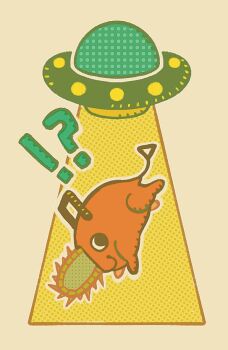 !? abduction chainsaw chainsaw_man commentary creature creature_focus flying_saucer no_humans pochita_(chainsaw_man) solo spacecraft symbol-only_commentary tractor_beam tuzaixia ufo