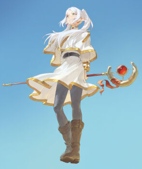 1girl ankle_boots arms_behind_back belt black_pantyhose blue_background boots brown_boots capelet closed_mouth commentary dress earrings elf english_commentary frieren from_below full_body gradient_background green_eyes highres holding holding_behind_back holding_staff jewelry long_hair long_sleeves mage_staff meme neid pantyhose pointy_ears solo sousou_no_frieren staff standing teardrop_earrings thighhighs twintails upward_angle_frieren_drawing_(meme) white_capelet white_dress white_hair