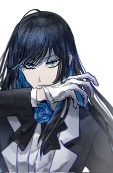 1girl ado_(utaite) ahoge biting biting_glove black_bow black_bowtie black_hair blue_eyes blue_hair bow bowtie chando_(ado) colored_inner_hair gloves highres kkeraku long_hair long_sleeves mole mole_under_eye multicolored_hair parted_lips simple_background solo upper_body utaite white_background white_gloves