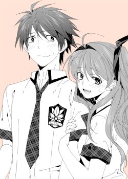 1boy 1girl blush bow bowtie chaos;head chaos;head_love_chu_chu! collarbone collared_shirt dress_shirt greyscale hair_ribbon ikuhashi_muiko looking_at_viewer monochrome necktie nishijou_takumi open_collar open_mouth plaid_bow plaid_bowtie plaid_clothes plaid_necktie plaid_sleeves pleated_skirt ribbon sakihata_rimi school_emblem school_uniform science_adventure shirt short_sleeves skirt smile suimei_academy_school_uniform summer_uniform tongue white_shirt