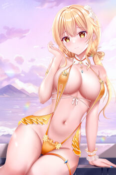 1girl :3 absurdres areola_slip arm_support bikini blonde_hair blue_nails blush breasts cleavage cloud fenny_golden hair_between_eyes hair_ornament highres kallen_ayase long_hair medium_breasts morning mountainous_horizon navel ocean orange_slingshot_swimsuit outdoors purple_sky shell shell_hair_ornament sidelocks sitting sky slingshot_swimsuit snowbreak:_containment_zone solo swimsuit thigh_strap thighs yellow_eyes