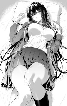 1girl black_hair blazer blush breasts dress_shirt greyscale hair_ribbon haite_kudasai_takamine-san highres hiiragi_yuuichi jacket kneehighs large_breasts long_hair lying monochrome on_back open_clothes open_jacket pillow pleated_skirt ribbon shirt skirt socks solo takamine_takane