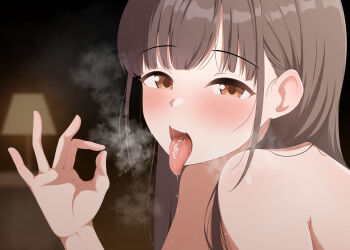 1girl absurdres after_fellatio blurry blurry_background blush brown_eyes brown_hair cum cum_in_mouth cum_on_tongue dark_room fellatio_gesture from_side hair_behind_ear half-closed_eyes hand_up highres idolmaster idolmaster_shiny_colors lamp long_hair looking_at_viewer looking_to_the_side mithrilrim nude open_mouth saliva sidelocks solo sonoda_chiyoko steam straight_hair sweat teeth tongue tongue_out upper_body upper_teeth_only