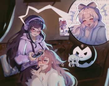3girls animal_ear_piercing animal_ears bare_shoulders blunt_bangs blurry blurry_background blush breasts clenched_teeth closed_eyes commentary commission contemporary controller couple crying cum cum_in_mouth depth_of_field drooling embarrassed english_commentary english_text erection fellatio fingering fox_ears fox_girl friends game_controller genshin_impact glasses gradient_hair hair_between_eyes hand_up headphones headpiece highres holding holding_controller holding_game_controller hood hoodie indoors kaname_madoka knees_together_feet_apart kuromi large_breasts long_hair long_sleeves mahou_shoujo_madoka_magica mole mole_under_eye monochrome mouth_drool multicolored_hair multiple_girls navel nose_blush nude official_alternate_costume one_eye_closed oral penis pink_hair puffy_nipples purple_eyes purple_hair purple_hoodie raiden_shogun raiden_shogun_(2nd_anniversary) sangonomiya_kokomi sanrio sex skirt soliloquince stomach teeth upper_body wavy_hair yae_miko yae_miko_(2nd_anniversary) yuri