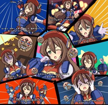 1girl 2boys agetatekoron2 axl_(mega_man) blush brown_hair green_eyes hat iris_(mega_man) long_hair mega_man_(series) mega_man_x_(series) microphone multiple_boys multiple_views red_hat sigma_(mega_man) solo_focus x_(mega_man)