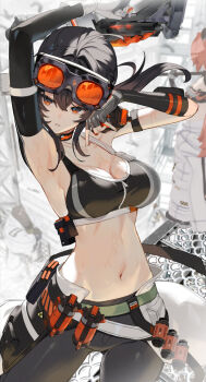 2boys 2girls anton_ivanov armpits asymmetrical_gloves belt ben_bigger black_hair black_pants black_sports_bra breasts choker cleavage collarbone commentary_request cowboy_shot explosive eyewear_on_head fingerless_gloves gloves goggles goggles_on_head grace_howard grenade grey_belt holding holding_weapon koleda_belobog large_breasts long_hair looking_to_the_side midriff mismatched_gloves multiple_boys multiple_girls navel pants ponytail red-tinted_eyewear red_eyes scottie_(phantom2) single_fingerless_glove solo_focus sports_bra sweat tinted_eyewear upper_body weapon zenless_zone_zero zipper_top