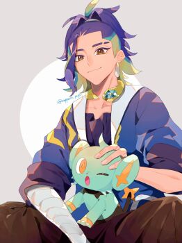 1boy :o adaman_(pokemon) artist_name brown_eyes closed_mouth collarbone commentary_request eyebrow_cut eyelashes gen_4_pokemon grey_background highres jewelry male_focus neck_ring nintendo one_eye_closed open_mouth pokemon pokemon_(creature) pokemon_legends:_arceus shinx sitting smile twitter_username woppero_prpr yellow_eyes