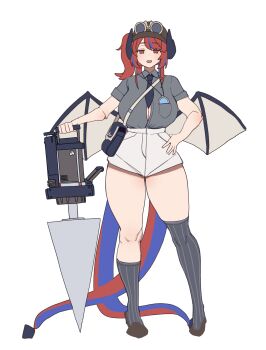 ! 1girl absurdres bag black_necktie blue_tail breasts button_gap commentary dragon_girl dragon_wings drill gya_rb hand_on_own_hip highres holding large_breasts low_wings messenger_bag monocle multicolored_tail multiple_tails necktie neti_(trickcal) pigeon-toed red_eyes red_hair red_tail shirt_tucked_in short_shorts shorts shoulder_bag simple_background smile solo standing striped_clothes striped_thighhighs tail thighhighs trickcal two_tails untranslatable_commentary vertical-striped_clothes vertical-striped_thighhighs white_background white_shorts wide_hips wings