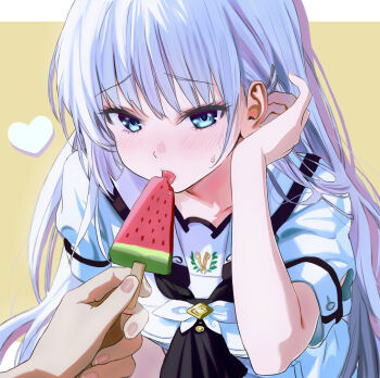 1girl 1other adjusting_hair black_neckerchief blue_eyes blush border commentary eyelashes fed_by_viewer feeding fingernails food furrowed_brow hand_up heart highres holding holding_food holding_popsicle licking long_hair looking_at_viewer miiizuno_lbs naruse_shiroha neckerchief popsicle pov pov_hands puffy_short_sleeves puffy_sleeves sailor sailor_collar school_uniform serafuku shirt short_sleeves simple_background summer_pockets summer_pockets_school_uniform sweatdrop tongue tongue_out upper_body very_long_hair watermelon_bar white_border white_hair white_sailor_collar white_shirt yellow_background