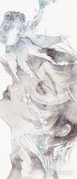 1girl absurdres black_hair black_lips blue_eyes commentary_request eyelashes fish from_side head_back highres lips lipstick makeup nose original painting_(medium) pale_color parted_lips portrait profile short_hair simple_background solo traditional_media turtleneck watercolor_(medium) watermark white_background yue_(memento1113)