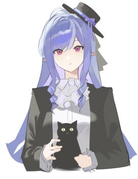 absurdres alternate_costume animal black_hat black_jacket black_suit blue_hair bow bowtie cat chinese_commentary commentary_request drill_hair drill_sidelocks e-razor expressionless formal_clothes frilled_shirt_collar frilled_sleeves frills hat hat_ribbon highres holding holding_animal holding_cat jacket long_hair long_sidelocks long_sleeves looking_at_viewer mini_hat mole mole_under_eye pointy_ears purple_ribbon red_eyes ribbon shirt sidelocks simple_background suit upper_body vivian_banshee white_background white_bow white_bowtie white_shirt zenless_zone_zero