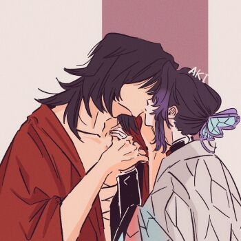 1boy 1girl akim0tion artist_name bandaged_chest black_hair black_jacket butterfly_hair_ornament butterfly_print_haori colored_tips couple hair_ornament hair_over_eyes hetero highres holding_hands jacket japanese_clothes kimetsu_no_yaiba kiss kochou_shinobu long_hair multicolored_hair parted_bangs purple_hair red_robe robe sidelocks tomioka_giyuu upper_body