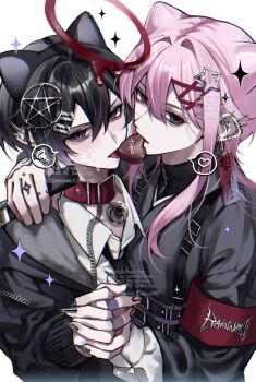 Rule 34 | 2boys, animal ears, bell, belt collar, black hair, blood, blood halo, cat ears, chain, chocolate, collar, earrings, halo, highres, jewelry, kaminoq, liquid halo, multiple boys, nail polish, neck bell, original, pink hair, speech bubble, spiked ear piercing, yaoi